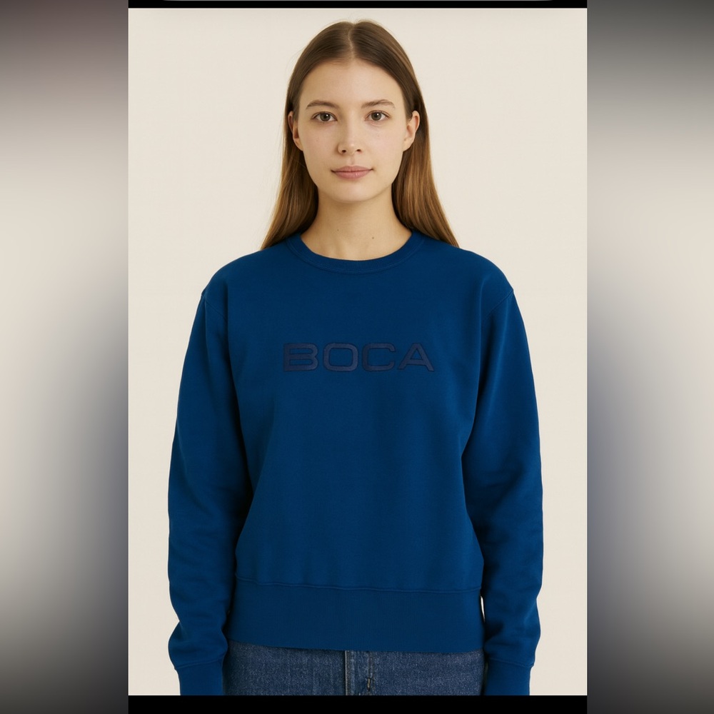 Y2K BOCA Cropped Sweatshirt Woman Large Blue Logo 100% Cotton Boxy Oversized 90s